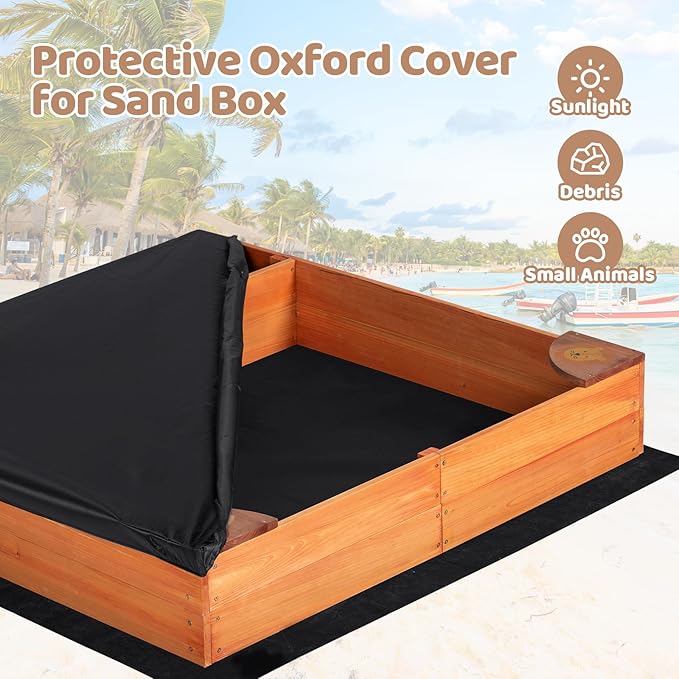 Kids Sandbox with Kitchen Playset, 2 in 1 Wood Sand Pit with Cover & Bottom Liner, Outdoor Toddler Sand Box with Corner Seats, Storage Bin, Sink & Cooking Accessories for Garden Beach Backyard