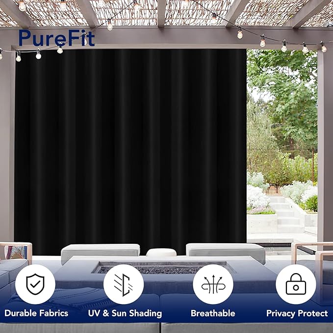 PureFit Outdoor Curtains for Patio Waterproof Weatherproof, UV Resistant Outside Curtains for Gazebo, Front Porch, Pergola, Sun Blocking Privacy Curtain, 100W x 84L inch, 1 Panel, Black