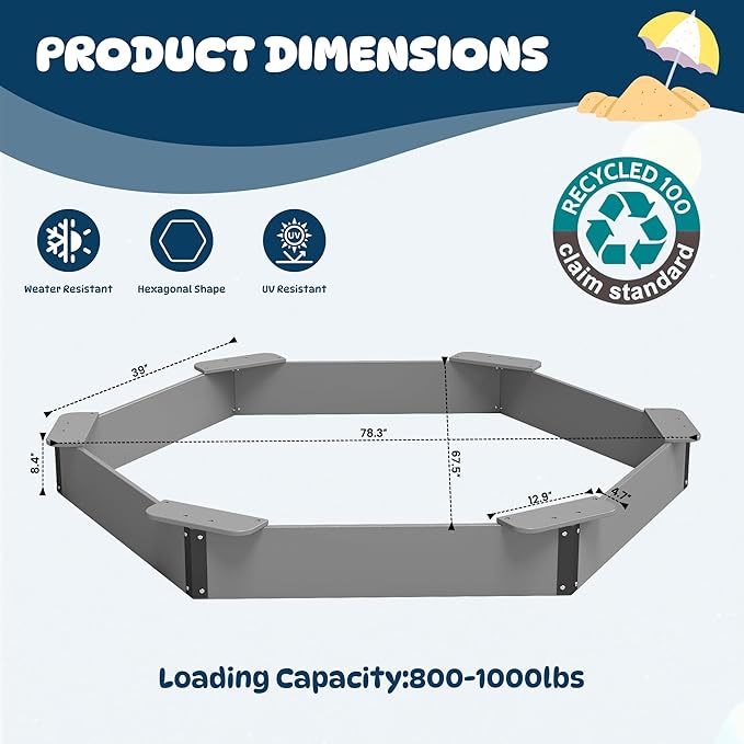 FOOWIN Hexagonal Outdoor Sandbox with Cover for Kids, HDPE Large Sandpit w/6 Benches, for Aged 3-12 Years Old, Sand Box for Children, Bottom Liner,Grey