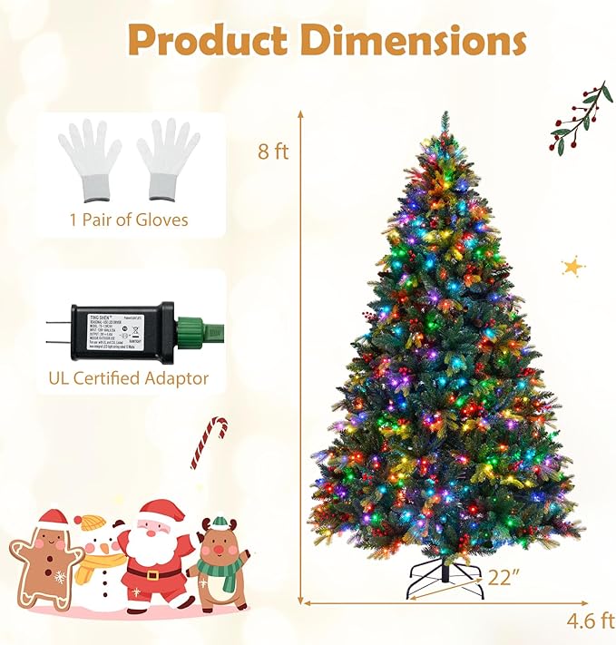GOFLAME 8FT Pre-lit Artificial Christmas Tree, Hinged Xmas Tree with Remote and App Control, 650 Color & Mode Changing RGB Lights, Timer, 1936 Branch Tips, Pine Cones and Red Berries