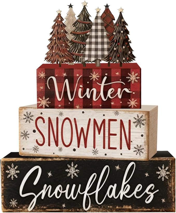 4 Pcs Christmas Decorations Indoor - Wooden Christmas Tree Table Decoration for Home - Holiday Centerpiece For Table - Winter Tiered Tray Decor Rustic Farmhouse Xmas Gift for Home Kitchen Mantel