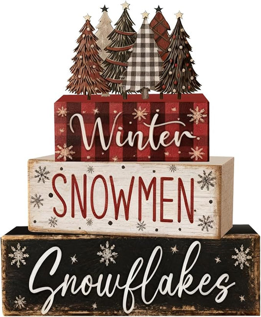 4 Pcs Christmas Decorations Indoor - Wooden Christmas Tree Table Decoration for Home - Holiday Centerpiece For Table - Winter Tiered Tray Decor Rustic Farmhouse Xmas Gift for Home Kitchen Mantel