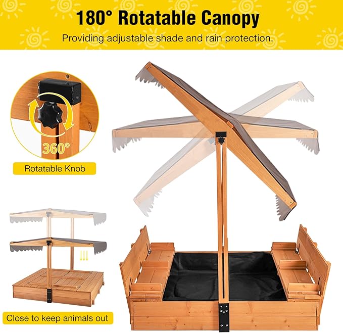 Aivituvin Kids Sand Boxes with Lid and Canopy, Outdoor Sandboxes with Cover, Foldable Bench Seats, Retractable Roof, Sand Table for Kids Ages 4-8 (Brown)