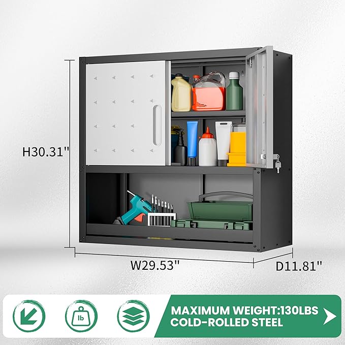 Garage Wall Cabinet,29.5 W Wall Mounted Garage Cabinets with Adjustable Shelf,Heavy Duty Lockable Metal Cabinet,Secure Hanging Tool Cabinet for Basement,Laundry Room,Workshop,Black/Grey