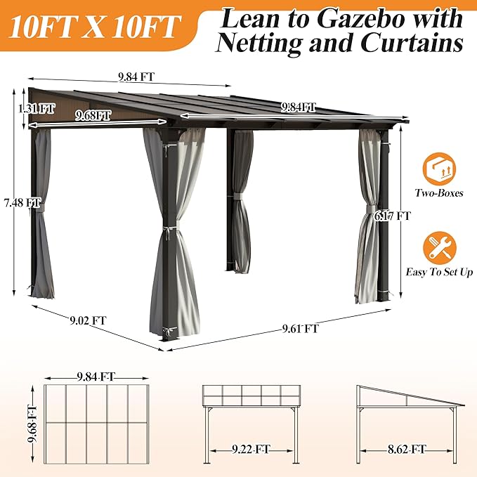 GARTOO 10’ x 10’ Gazebo for Patio - Aluminum Lean to Gazebos Pergola with Sloping Roof, Outdoor Wall-Mounted Canopy Awnings to House for Patio, Garden, Lawn, Backyard Deck
