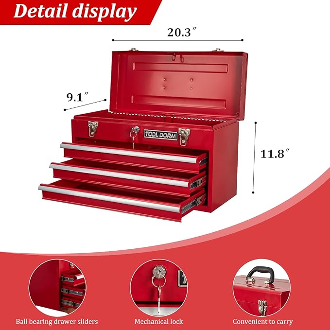 20.3¡° Metal Tool Box with Drawer Portable Steel Tool Box with Protective Liner and Latch Closure and Lock for Garage, Home and Warehouse (Red-3 Drawers)