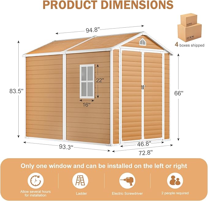 HUSFU 8x6 FT Outdoor Storage Shed with Floor and Lockable Door,Waterproof Resin Tool Shed for Garden, Backyard, Patio,Perfect to Store Patio Furniture,Yellow