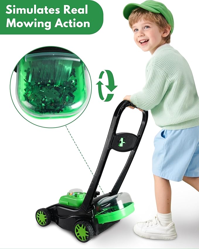 Kids Lawn Mower with Realistic Grass-Cutting Action and Sounds – No Batteries Required | Fun Outdoor Push Toy, Birthday Gift & Holiday Present for 3, 4, 5, 6, 7, 8 Year Old Boys and Girls (Black)