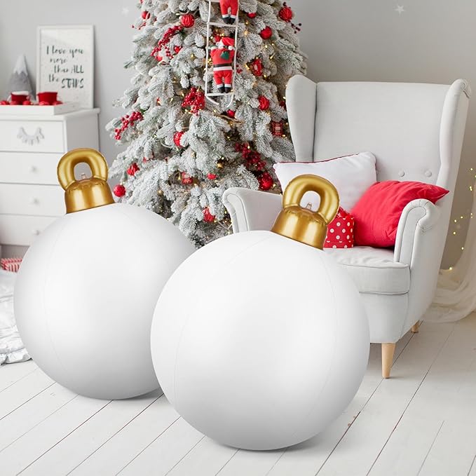 Jetec 4 Pcs Giant Inflatable Christmas Ball Large Xmas Inflatable Ornaments PVC Outdoor Holiday Blow Ball Outside Yard Lawn Porch Decorations (Solid,White)