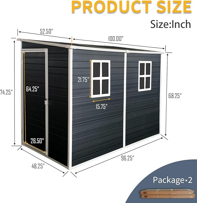 4x8 FT Resin Storage Sheds Outdoor with Floor, 2 Windows & Lockable Door Storage Shed - Waterproof Garden Tool Shed, Patio & Backyard Tool Storage Cabinet Use - Black