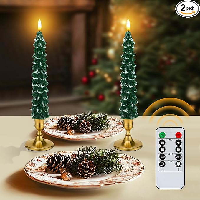 2 Pack Christmas Tree Candles - Real Wax Flameless Taper Candles, 9.7in Green Candlesticks for Home Table Metal Xmas Holiday Indoor Decorations Gifts