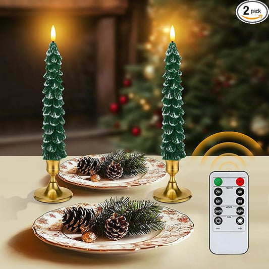 2 Pack Christmas Tree Candles - Real Wax Flameless Taper Candles, 9.7in Green Candlesticks for Home Table Metal Xmas Holiday Indoor Decorations Gifts