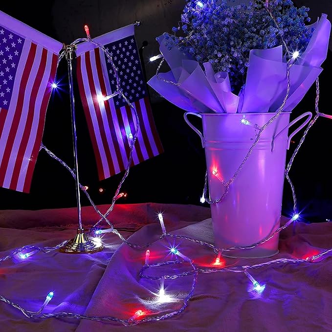 kemooie 4th of July Decorations Lights, 500 LED Red White and Blue Lights, 164FT 8 Twinkle Modes Plug in Waterproof for Outdoor Patio Balcony Garden Christmas 4th of July Decorations
