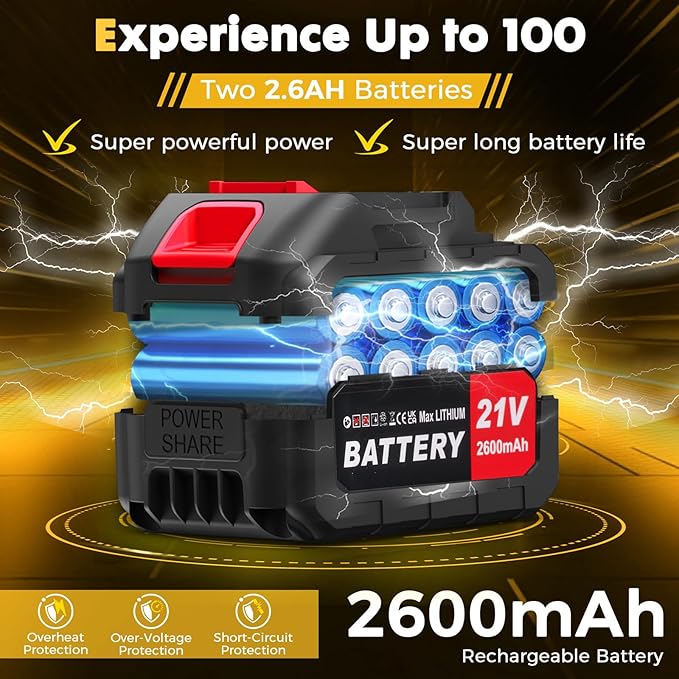 21V Cordless Leaf Blower with 2.6Ah Battery & Charger, 200MPH High-Velocity Electric Leaf Blower, 6-Speed Power Handheld Blower for Lawn Care, Grass Clippings, Pine Needles & Driveway, Yellow