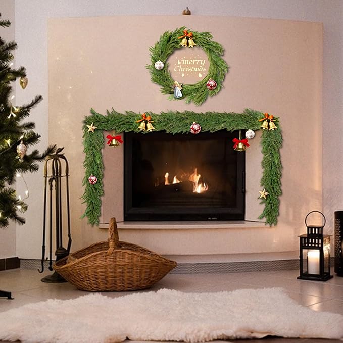 2 Pcs 6 Ft Artificial Norfolk Cedar Pine Garlands, Real Touch Winter Pine Garland, Green Artificial Greenery Garland for Table, Mantle, Wall, Indoor, Outdoor Christmas Decorations