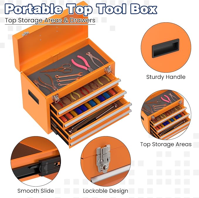 Rolling Tool Box with Wheels, 5-Drawer High Capacity Tool Chest with Wheels, Removable Storage Toolbox with Lock for Garage, Workshop (Orange)