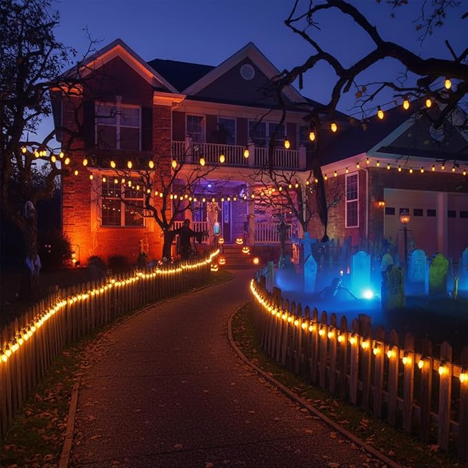 25ft Halloween LED String Lights, 25 C7 Ceramic Orange Bulbs, Energy-Efficient, Waterproof & UL Certified for Outdoor/Indoor Decoration, Spooky Halloween Party Lights with Spare Bulbs
