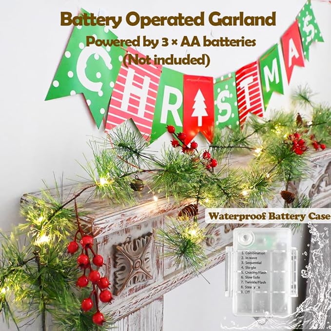 Christmas Garland Lights 9.84 FT Smokey Pine Garland with 40 LED Fairy Lights Battery Operated Red Berries Bells Pine Cones Garland Wreath for Christmas Tree Door Mantle Indoor Outdoor Home Decoration