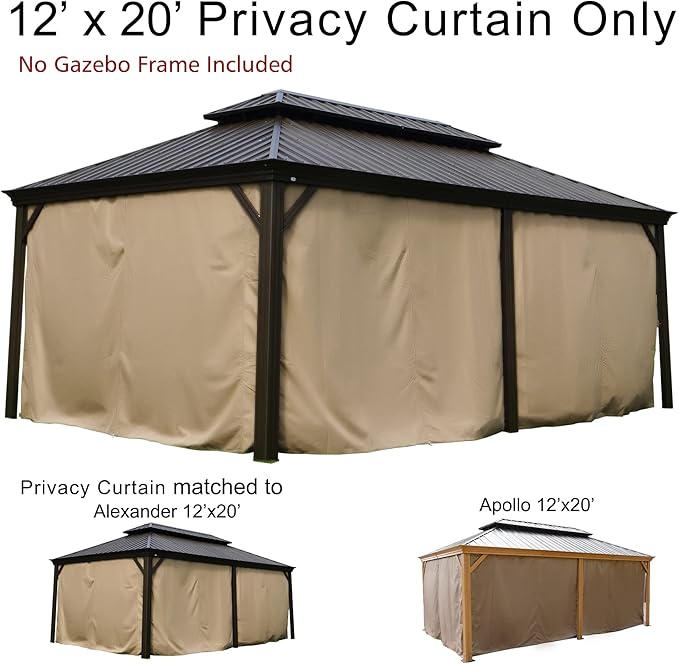 Kozyard Privacy Curtain Outdoor Waterproof Sidewall for Hardtop, OEM Replacement for Patio Gazebo Curtains - Alexander, Caesar, Rosana, Apollo (12ft x 20ft, Brown)