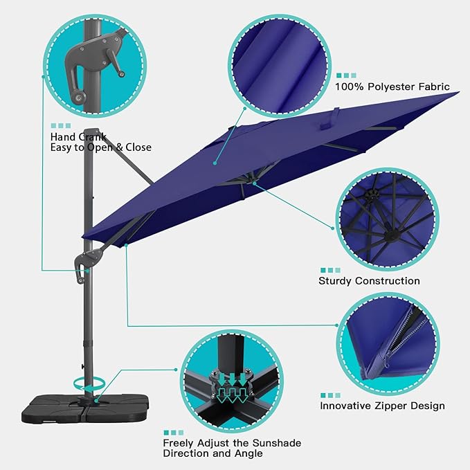 Sunnyglade 10x13Ft Cantilever Patio Umbrella Rectangular Deluxe Offset Umbrella 360°Rotation & Integrated Tilting System Patio Hanging Umbrella for Market Garden Deck Pool Backyard Patio(Navy)