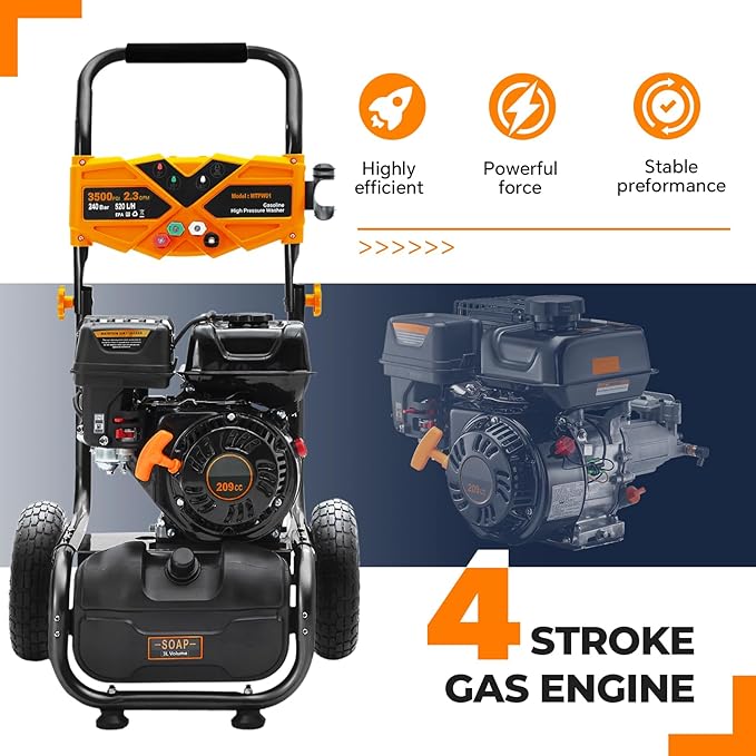 Gas Pressure Washer, 3500 PSI 2.3 GPM Power Washer with 209CC Engine, 4 Quick-Connect Nozzles, 25FT Hose, 3L Soap Tank, High Pressure Washer for Car, Driveway, Fence, Patio Cleaning, Orange