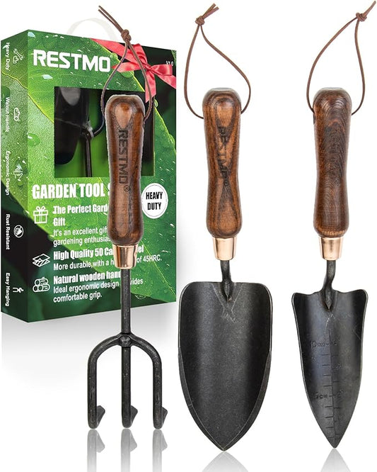RESTMO 3-in-1 Heavy Duty Gardening Tools Kit, Premium Carbon Steel Garden Hand Tools with Ergonomic Wooden Handle Includes Trowel, Transplanter, and Cultivator, Ideal Gardening Gifts for Gardener