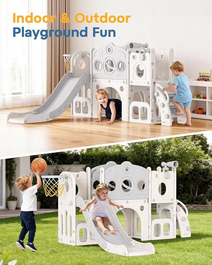 Babytronic Toddler Slide Set, 8 in 1 Kids Slide with Climber, Indoor Outdoor Slide for Toddlers Age 1-3, Toddler Playset with Basketball Hoop and Tunnel, Toddler Indoor Outdoor Playground (White&Gray)