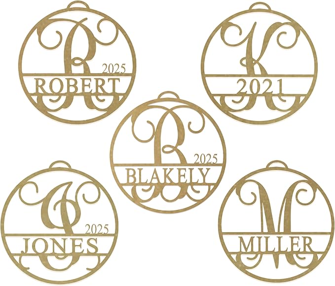Set of 5 Personalized Circle Monogram Christmas Ornaments – 2025 Letter Ornaments for Christmas Tree – Custom White, Silver, or Gold Holiday Decorations for Home or Gift 6 inch