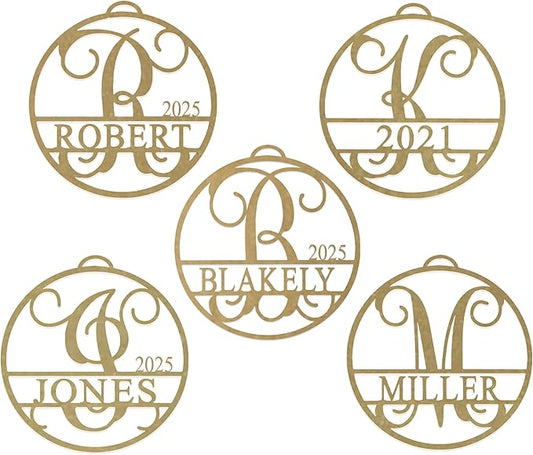 Set of 5 Personalized Circle Monogram Christmas Ornaments – 2025 Letter Ornaments for Christmas Tree – Custom White, Silver, or Gold Holiday Decorations for Home or Gift 6 inch