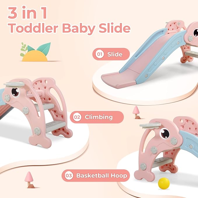 3 in 1 Toddler Slide, Baby Slide Climber Playset with Basketball Hoop and Ball, Indoor and Outdoor Playground for Kids