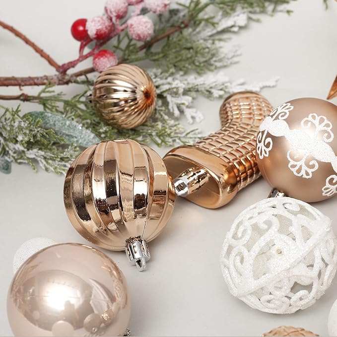 ROSELEAF 132-pc White with Blue Accents Traditional Christmas Tree Ornament Set - Shatterproof Plastic Hanging Ornaments for Christmas, Anniversary, Wedding