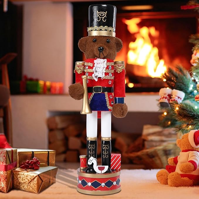 Christmas Nutcracker Decorations Nutcracker Figure 15 Inch Wooden Nutcrackers Teddy Bear Nutcracker Soldier for Table Desktop Home Christmas Decor Xmas Indoor Decor Bear