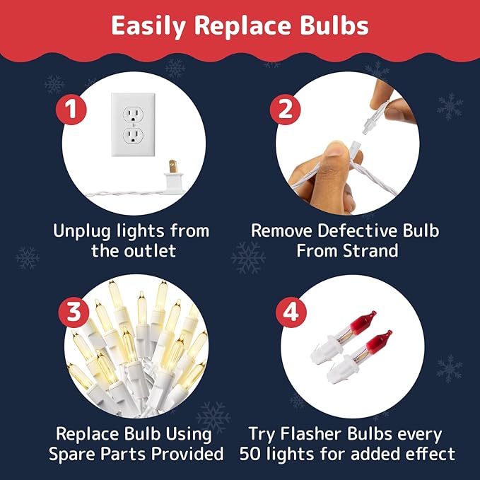 PREXTEX 10 Ft String Lights with Christmas Tree Light Warm White - Indoor/Outdoor Decor - 50 Count Christmas Lights for Holidays - Xmas Light on White Wire - Multi-Strand Connectable