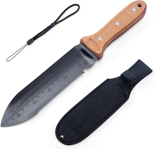 YANG Hori Hori Garden Knife, 7" Stainless Steel Gardening Knife with Oxford Cloth Sheath, Full Tang Beechwood Handle EDC Garden Tool for Digging, Planting & Weeding, Pointed Tip for Hard Soil