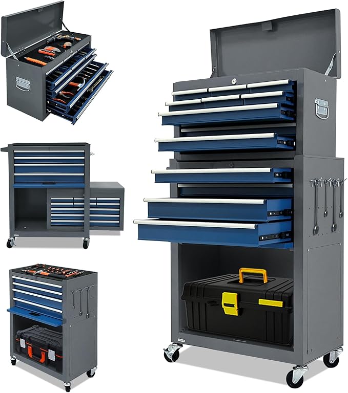 13-Drawer Rolling Tool Chest, 2-in-1 Heavy Duty Detachable Storage Cabinet with Lockable Wheels & Removable Top Box, 600 lbs Capacity for Mechanics, Garage Workshop (Blue£¦Grey)