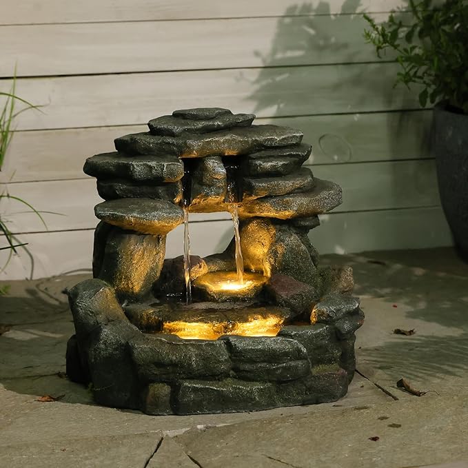 15.6''H Small Rock Water Fountain Outdoor&Indoor, 3-Tier Garden Waterfall with Warm Lights and 2 Flows for Patio, Backyard, Deck, Porch, Home DéCor, Stone Gray