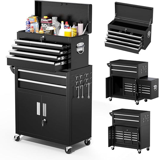 Greenvelly Rolling Tool Chest, 8-Drawer Metal Tool Chest with Wheels, Rolling Tool Cart with Detachable Top Tool Box, Metal Tool Box with Liner & Hooks for Garage, Workshop, Warehouse, Black ?