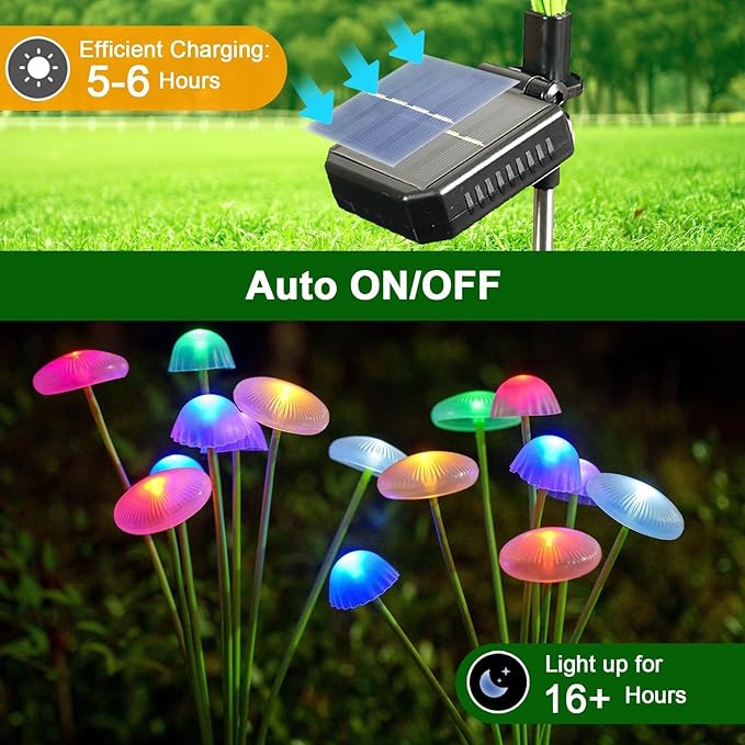 2 Pack 16 LEDs Solar Garden Lights, Upgraded 8 Modes Solar Lights Outdoor, IP65 Waterproof Christmas Light, Mushroom Outdoor Decor for Garden, Yard, Patio, Pathway (Multicolor)