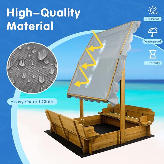 Wooden Kids Sandbox with Lid, Outdoor Sand Box with Canopy and Two Foldable Bench Seats, Sandbox with Cover for Play, Backyard, Gift for Kids Aged 2-8, Bottom Liner & Adjustable Cover, 47''