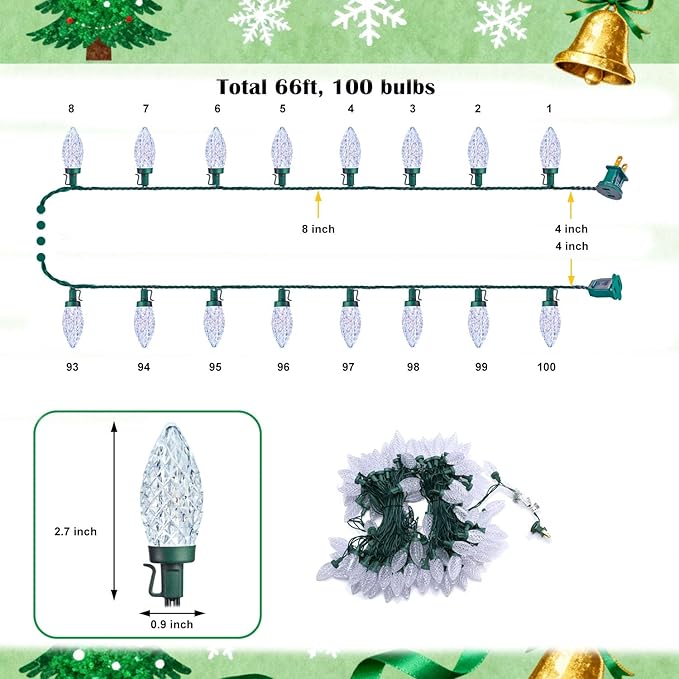 C9 LED Outdoor Christmas Lights,C9 String Lights with Quick Clips,for Xmas House Roof Gutter,Plug in & Connectable,66FT 100 Light,Cold White Faceted