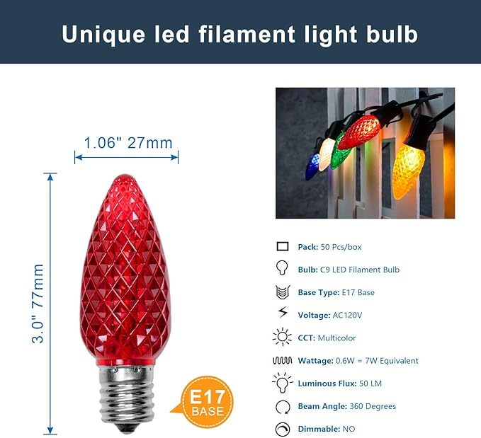 50 Pack Multicolor C9 LED Christmas Lights Replacement Bulbs, Shatterproof & Waterproof Plastic C9 Led Bulbs for Outdoor String Lights, E17 Base, 0.6W Equivalent to 7W, 50lm Holiday Decoration