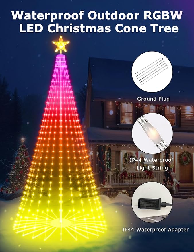 8FT Outdoor Christmas Tree, Smart RGBW Lighted Christmas Cone Tree App and Remote Control, DIY Multi-Color Lightshow 355 LEDs Christmas Tree with Timer and Music Sync, Christmas New Year Decoration