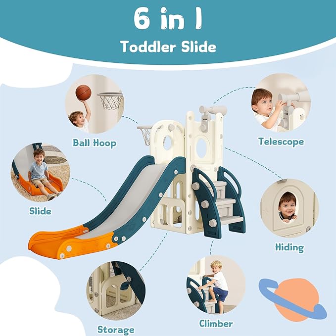6 in 1 Toddler Slide, Kids Slider for 1-3, Indoor Outdoor Playset Playground with Basketball Hoop, Storage, Climber and Telescope, Great Gift for Baby & Child, Green and Yellow