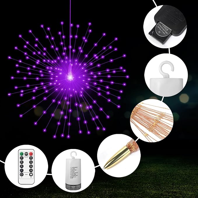 2 Pack Starburst Sphere Lights,200 LLED Firework Lights, 8 Modes Dimmable Remote Control Waterproof Hanging Fairy Light, Copper Wire Light for Patio Parties Christmas (Purple)