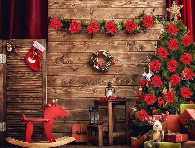 RECUTMS 10 PCS Red Glitter Poinsettia Flowers Christmas Tree Ornaments Fake Christmas Flowers Artificial Christmas Flowers Decorations Wedding Xmas Tree New Year Ornaments Wreath Decoration(Red)