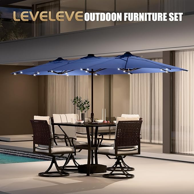 CHABATREE 15FT Rectangle Patio Umbrella with Base & Solar LED Lights - Double-Sided