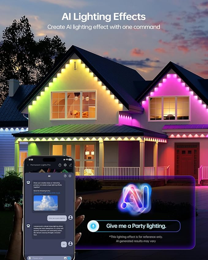 ASAHOM AI Permanent Outdoor Lights S107B, 100FT with 72 RGBCW LED Lights and Dual Output, 30,000 Lighting Effect Combination, IP67 Waterproof for House Halloween Christmas and Daily Decoration, Black