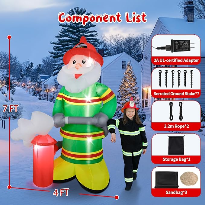 Christmas Inflatable Santa Claus Firefighter Decoration,7FT LED Lights Blow Up Decor Holding Fire Extinguisher,Outdoor Standing Waterproof Smiling Santa Claus for Xmas Holiday Party Yard Garden Lawn