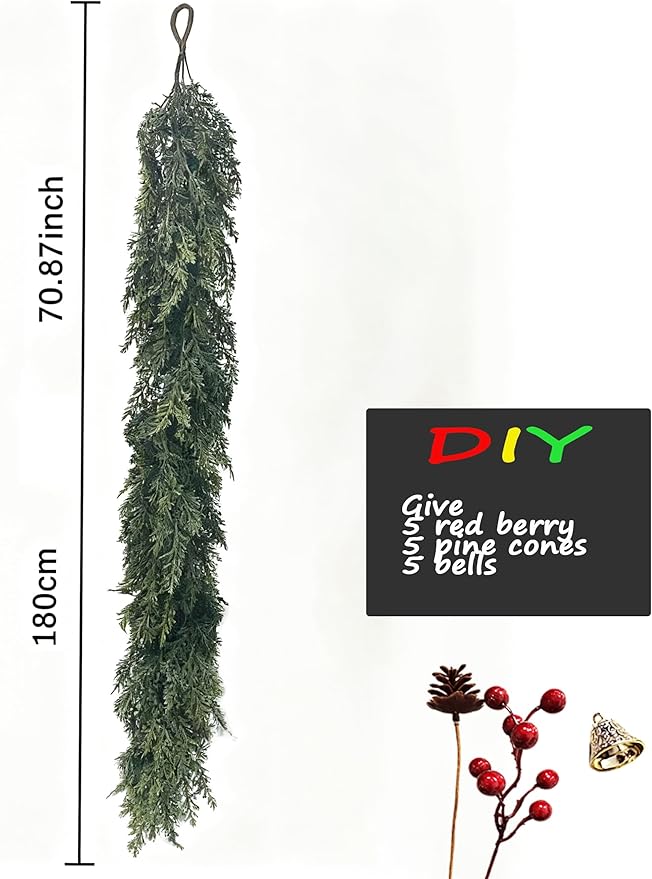 Christmas Cedar Garland Artificial Realistic 6ft Mantle Faux Pine Garlands Realistic Cypress Greenery for Indoor Outdoor Stairs Railing Fireplace Mantle Door Decor(1Pcs)