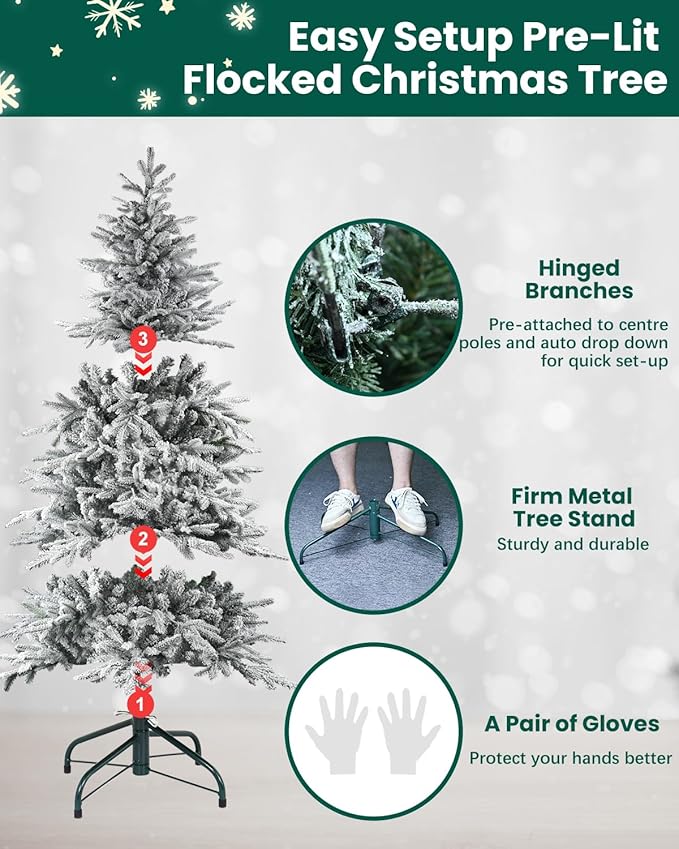 8FT Prelight Premium Artificial Christmas Tree，Snow Flocked Frosted PE Tips Xmas Tree，Foldable Metal Base ，Holiday Decoration Muticolor LED Flocado árbol de Navidad, White